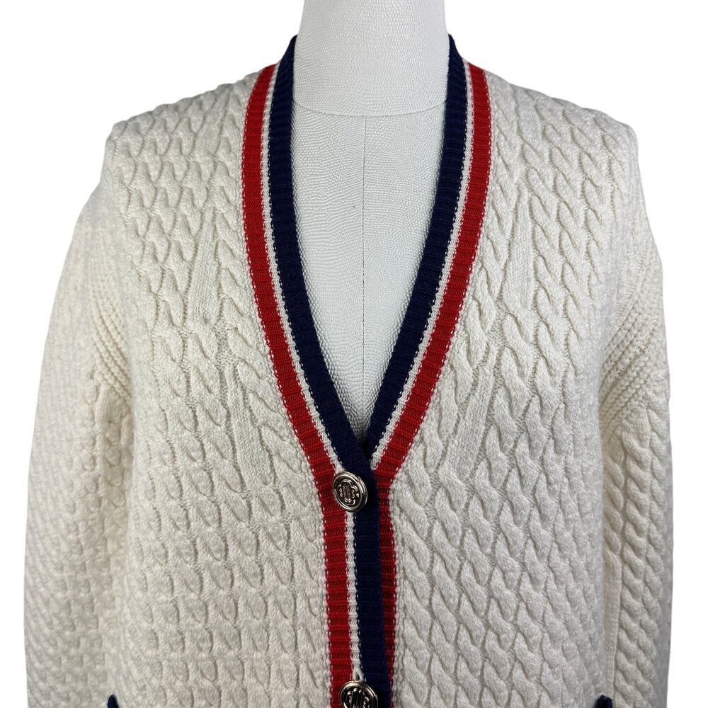 Maje Cream Cable-Knit Cardigan with Red & Navy Trim - Picture 2 of 8